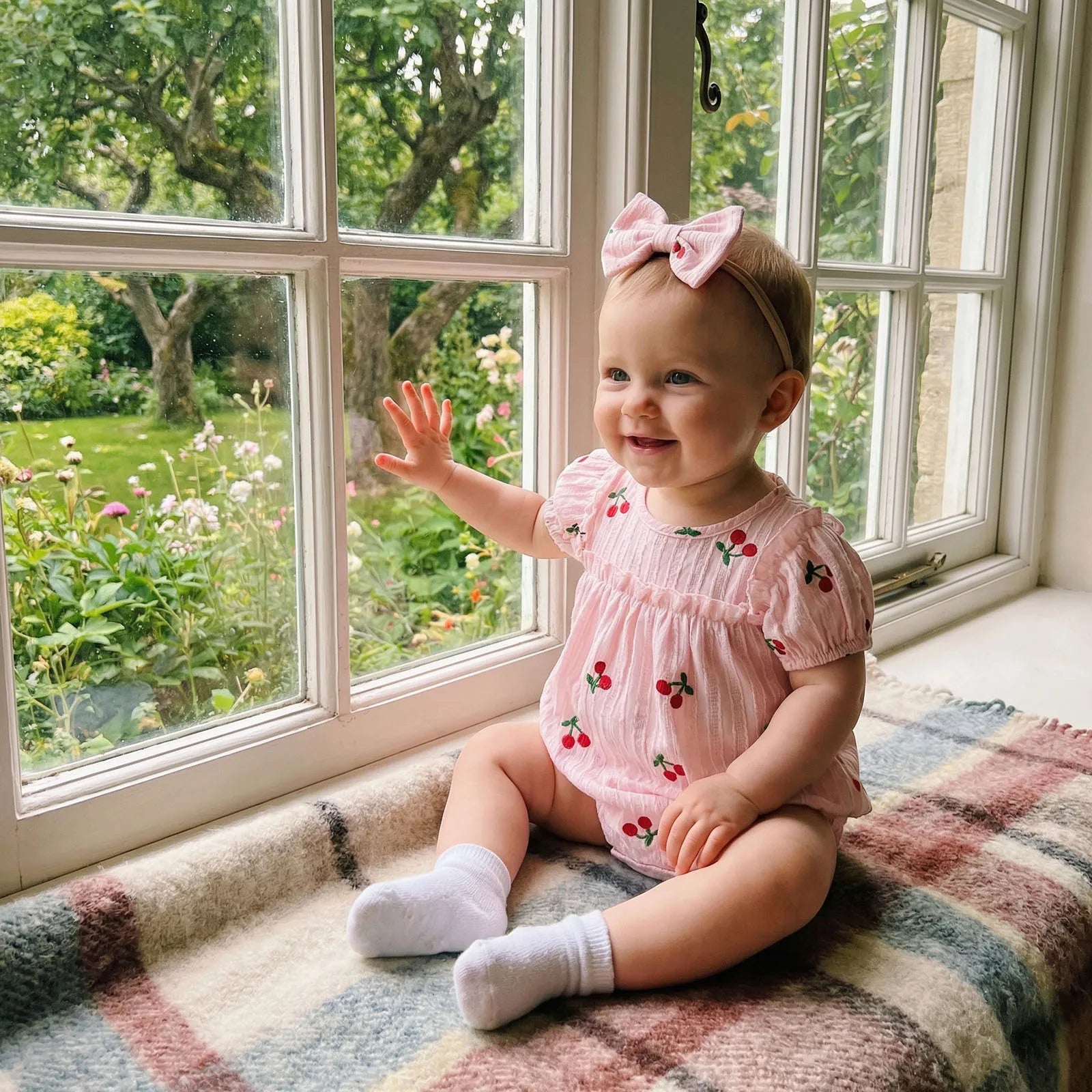 Neugeborene Baby Mädchen Sommer Bodysuit 2-teiliges Outfit Süßer Kirschdruck Rundhals Rüschen Kurzarm Strampler und Schleifen Haarband Set
