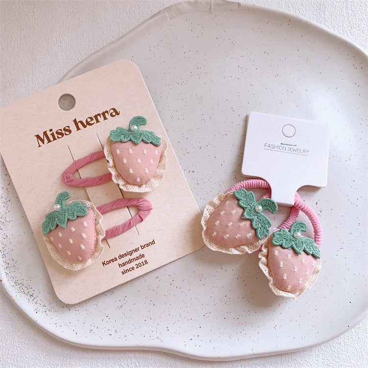 Pink Padded Fabric Cartoon Fruit Hair Clips Hair Ties for Girls Sweet Elastic Ponytail Holders Cute No Damage Hair Accessories