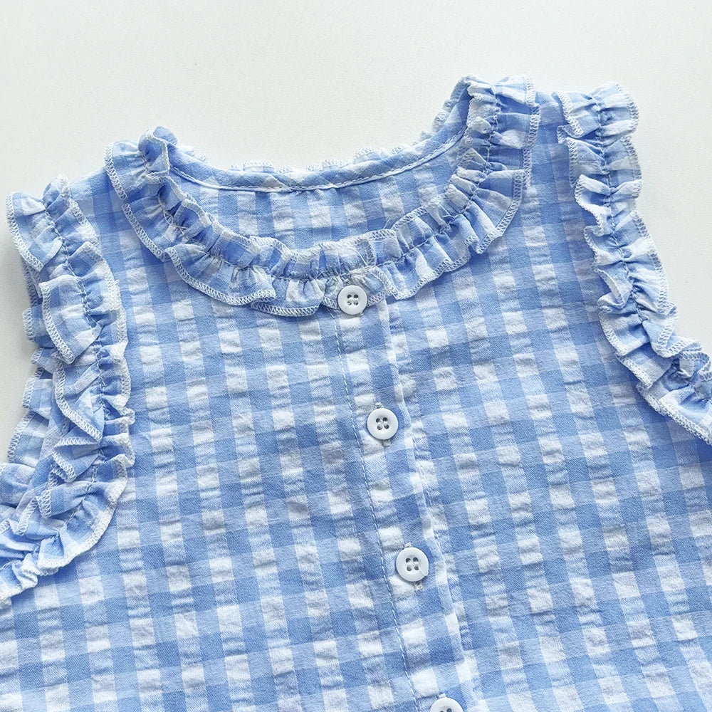 Rosa zweiteiliges Sommer-Set für Mädchen mit einreihigem ärmellosem Oberteil und Freizeithose, neue Kinder-Sets Kinderkleidung