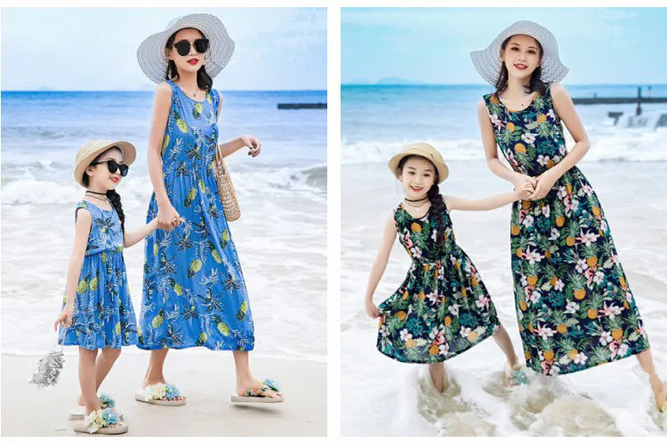 New Mother Daughter Summer Dresses Sleeveless Floral Flower Print Sundress Mom Mommy and Me Beach Dress Family Matching Outfits