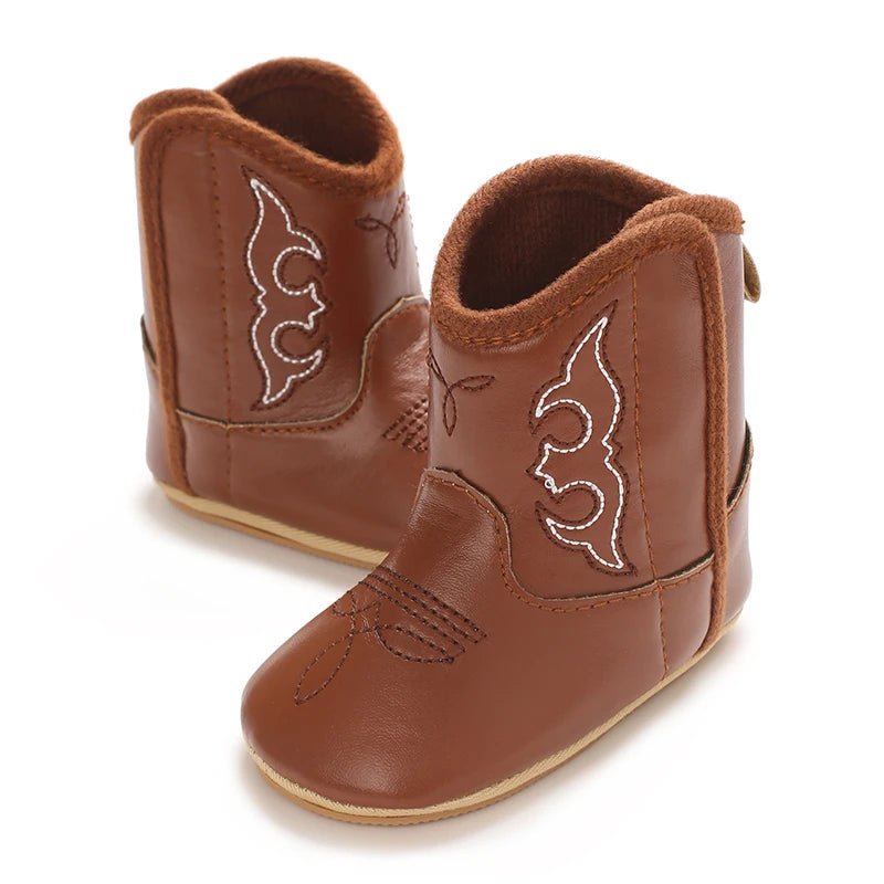 Leather Western Boots Cowboy Bootie Soft Sole Non-Slip Crib Shoes for Baby Infant Toddler Girls Boys Newborn