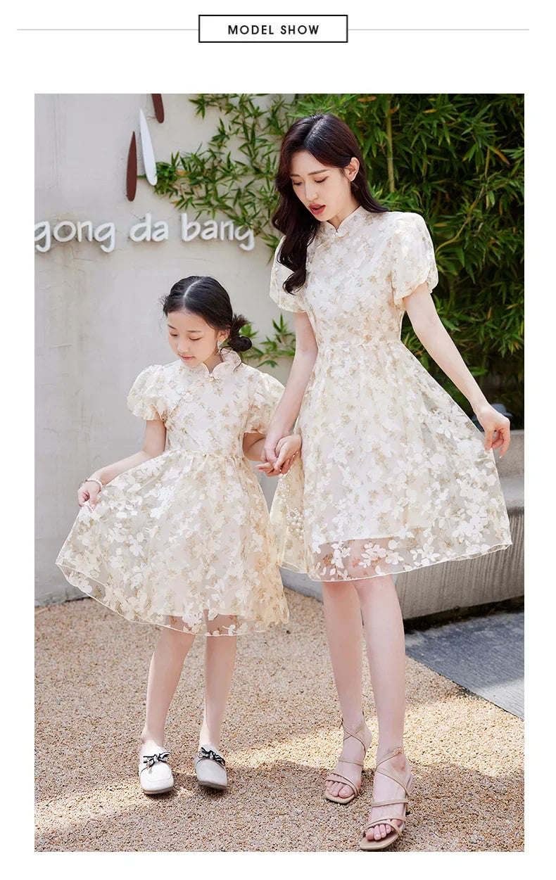 Mother Daughter Matching Dresses Vintage CheongsamGirl Daily Wear Retro Floral Dress Princess Gown Summer Outfit Mommy and
