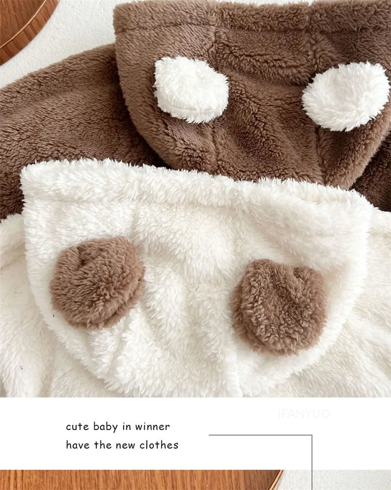 Baby Clothing Autumn Winter Cute Hooded Cartoon Bear Baby Crawling Clothes Pajamas Warm Double-sided Plush Jumpsuit Trousers Set