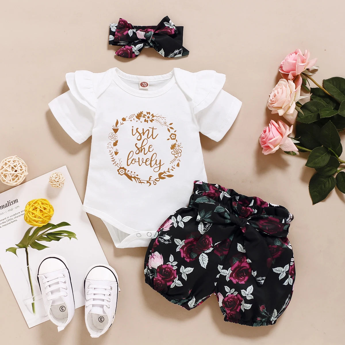 0-18Months Infants Baby Girl Set Black Short Sleeve Bodysuit+Polka Dot Shorts+Headband Toddler Girl Summer Fashion 3PCS Clothing