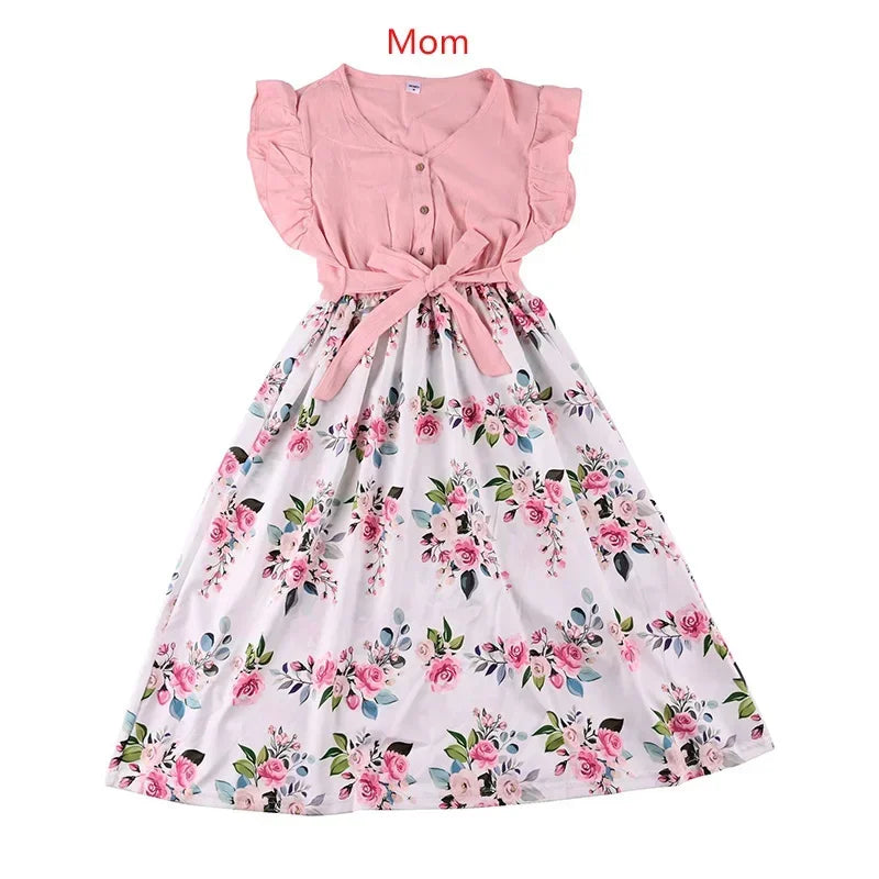 Mother Daughter Macthing Dresses Family Set Flower Mom Mum Baby Mommy and Me Clothes Fashion Cotton Dress Women Girls Outfits