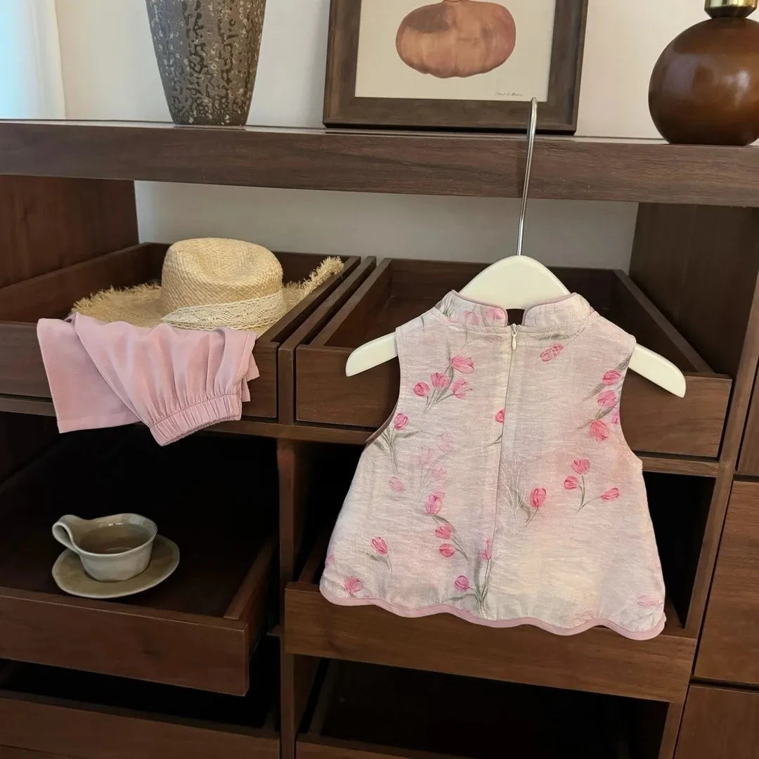 Baby Girl's Clothing  Sets Children New Chinese Style Pink Jacquard Cheongsam Vest+ Straight Leg Pants Grils Elegant Set