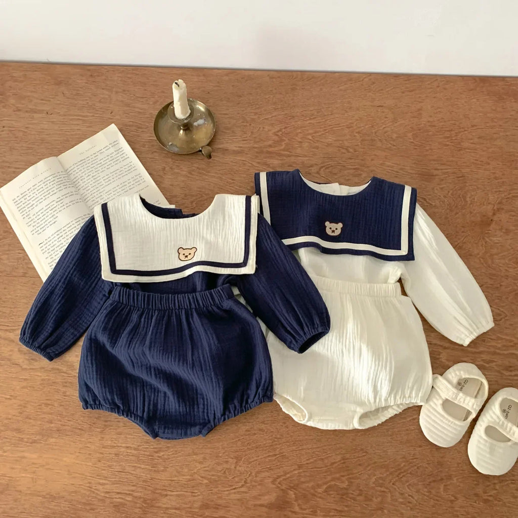 Neu im Herbst Kinder Baby Mädchen Langarm Marineführer Bären Oberteil T-Shirts + einfarbige Shorts Kleinkind Baby Baumwoll-Kleidungsset 2tlg.