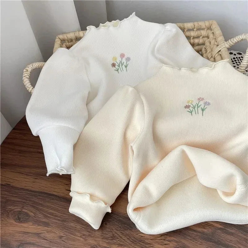 Kleinkind Mädchen Pullover Winter Kinder Warme Verdickte Pullover Kinder Puffärmel Blumenstickerei Unterhemd 1-6 Jahre Freizeitkleidung