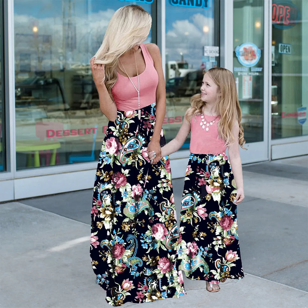 New Mother Daughter Summer Dresses Sleeveless Flower Patchwork Sundress Mom Mommy and Me Maxi Dress Family Matching Outfits