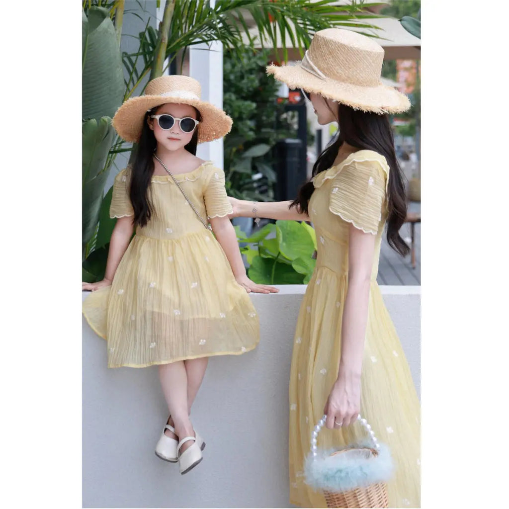 Mother and Daughter Matching Summer Dress Mom and Baby Girls Same Clothes Mommy and Me Short Sleeve Elegant Dresses for Women