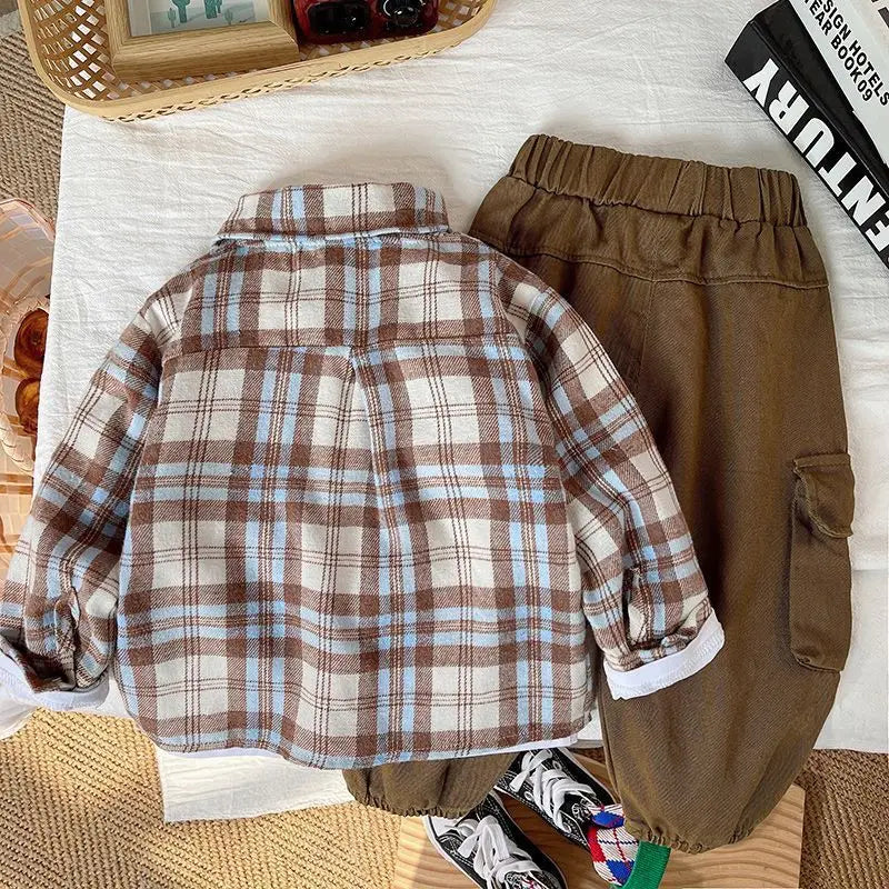 Jungen 3-teiliges Set Frühling Herbst Kleidung Anzug Langarm T-Shirt Kariertes Hemd Knöchellange Hose Kinder Set Outfits Jungen 1-5 J