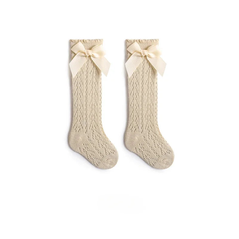 Baby Knee High Socks Kids Girls Boys Bow Long Sock Soft Cotton Mesh Breathable Children Hollow Out Socken for 0-3 Years Old