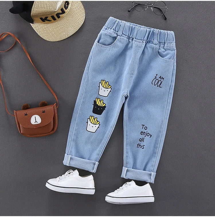 Jeans de niños de primavera otoño, pantalones vaqueros elásticos de algodón con estampado empalmado, pantalones de mezclilla coreanos para adolescentes, ropa infantil