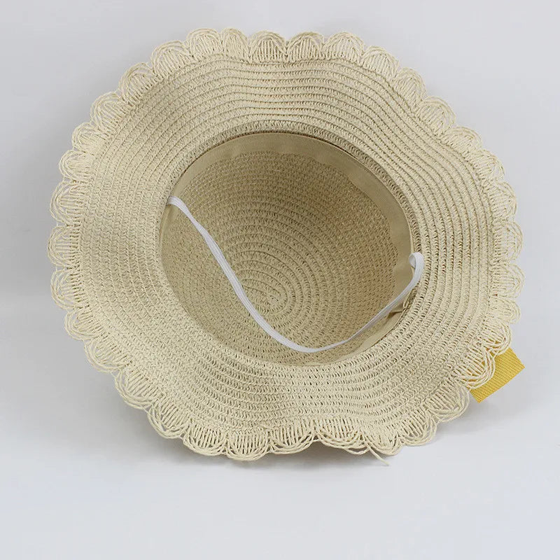 Summer Girls Beach Sun Hats Lotus Leaf Brim Cute Squinting Eyes Bowknot Outdoor Sun Protection Children Straw Cap Kids