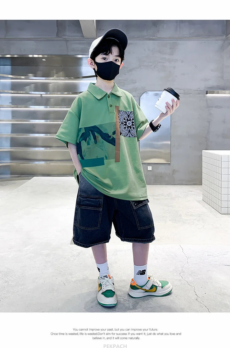 Jungen Kleidung Sommer Set Kind Mode Kurzarm Poloshirt & Jeansshorts 2-teiliger Anzug Teens Kinder Oberteil und Unterteil Kleider Set