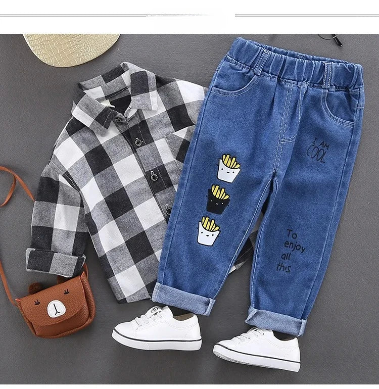 Jeans de niños de primavera otoño, pantalones vaqueros elásticos de algodón con estampado empalmado, pantalones de mezclilla coreanos para adolescentes, ropa infantil