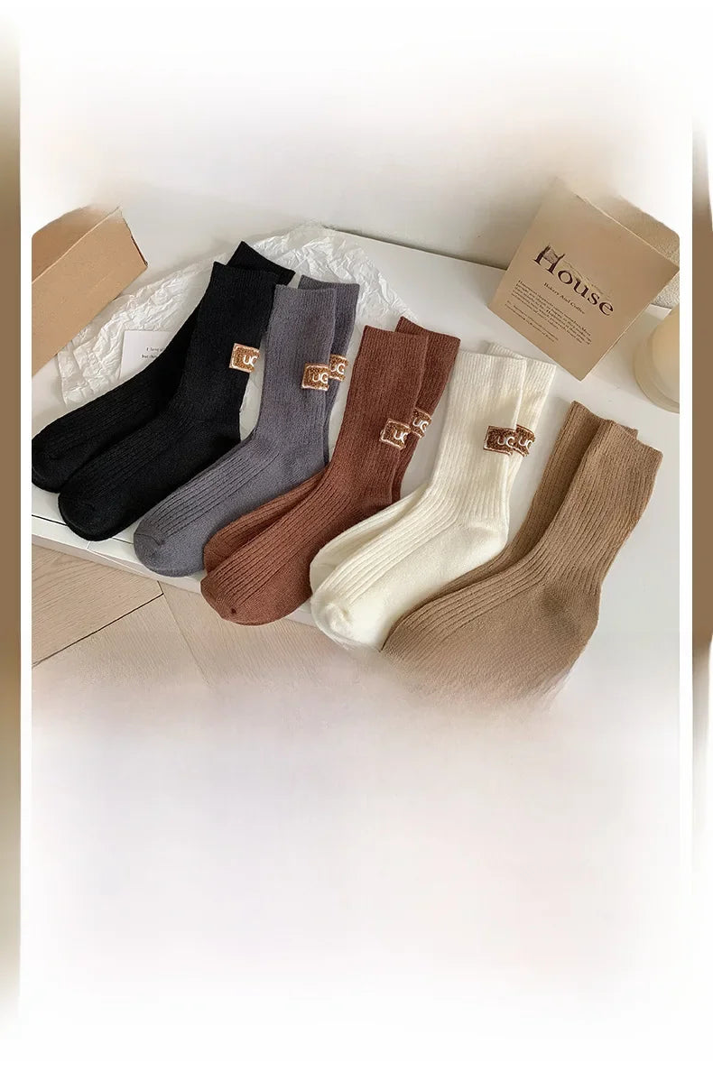 1/3 pares de calcetines de invierno gruesos y cálidos, de color liso, a media pantorrilla, casuales para mujer con logotipo bordado, calcetines de pila para climas fríos