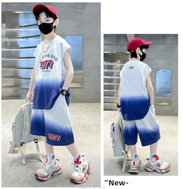 Jungen Sommer Kleidung Set Neu Lässiges Baumwoll Gradient T-Shirt & Shorts 2-teiliger Anzug Kinder Teenager Luxus Kleidung Trainingsanzug
