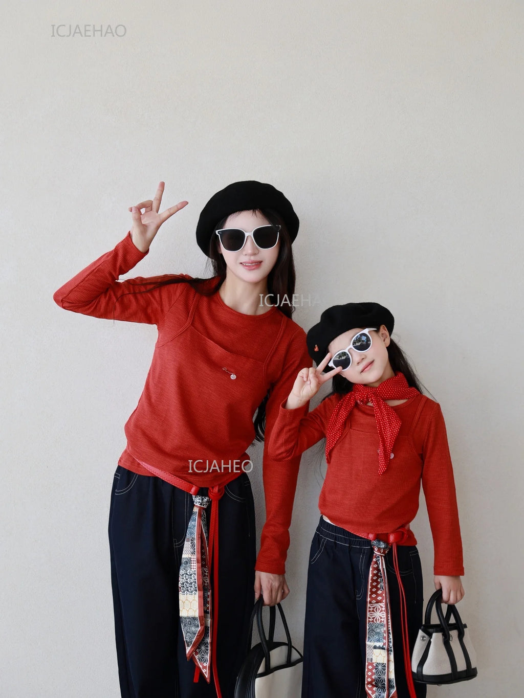 Matching Mother Daughter Children Orange Casual Outfit Straight Leg Jeans with Ribbon Trim Wide Leg Soft Denim Pants and Top Set