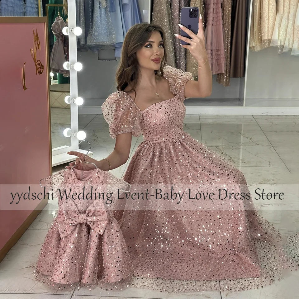 Customized Dresses for Mother and Daughter Elegant Shiny Lace Appliques Formal Party A-line Flower Girl Dress Princess  Kid