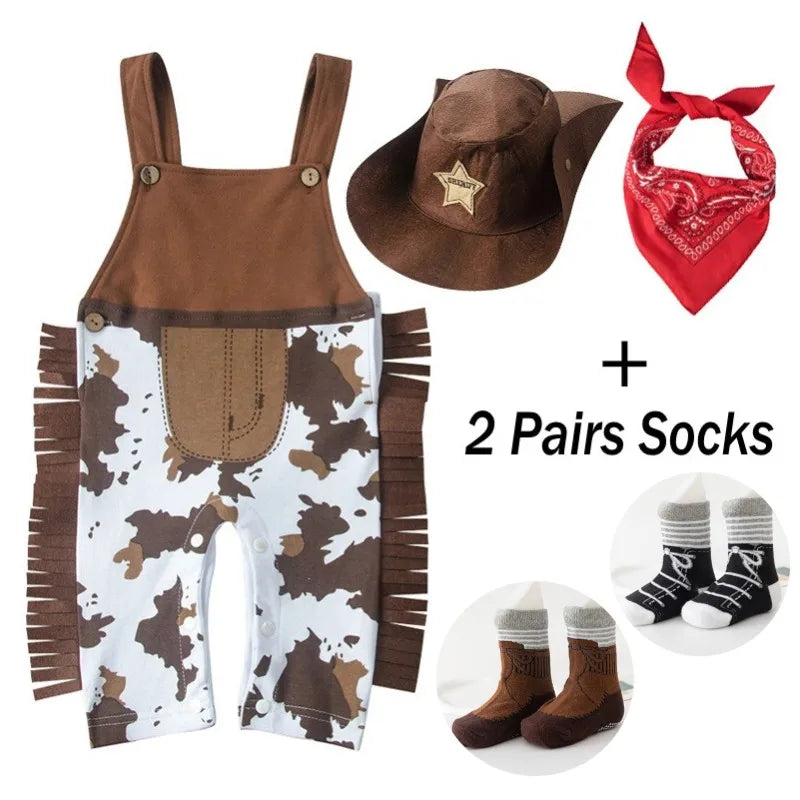 Baby Boy Clothes cowboy Costume Infant Toddler Cowboy Set 3Pcs Hat Scarf Romper  Birthday Holiday Cosplay Outfits