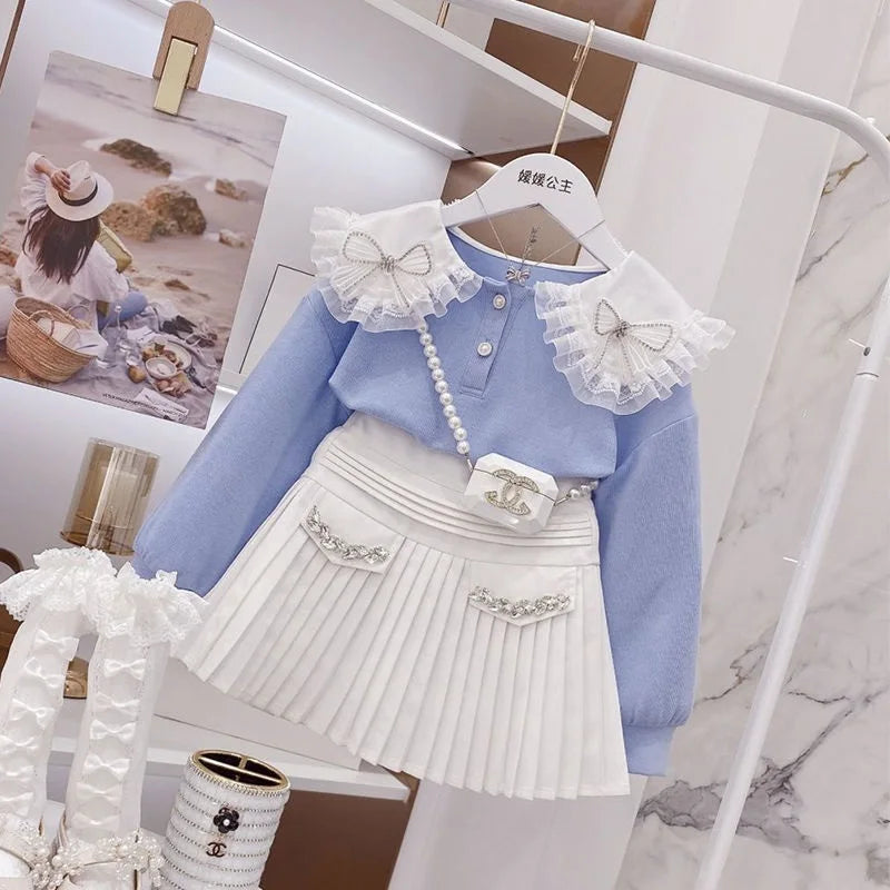 Fashion Baby Girl Princess Clothes Set Bow Lace Sweatshirt Sequins Skirt Child Clothing Suit Party Birthday Baby Clothes 3-14Y