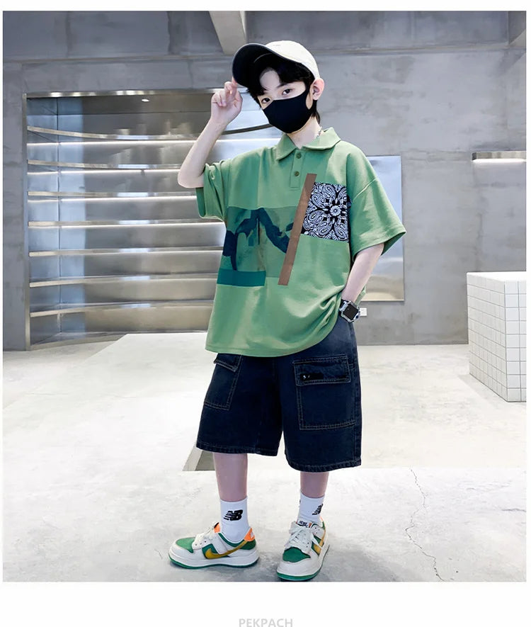Jungen Kleidung Sommer Set Kind Mode Kurzarm Poloshirt & Jeansshorts 2-teiliger Anzug Teens Kinder Oberteil und Unterteil Kleider Set