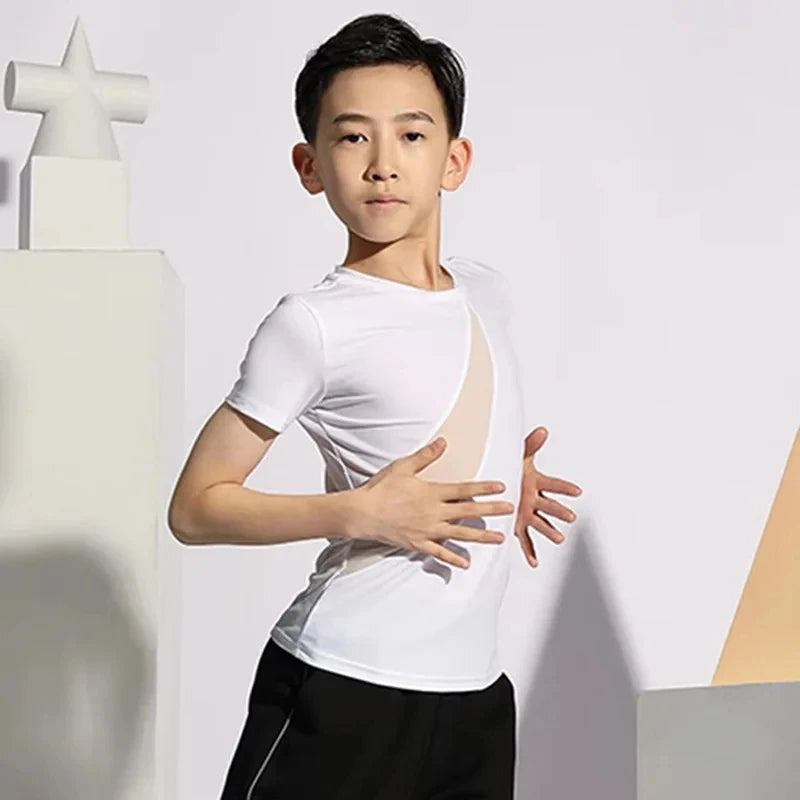 Boys Latin Dance Costume Short Sleeve Top Kids Latin Dancing Shirts Competition Performance Wear Samba Salsa Practice Clothing