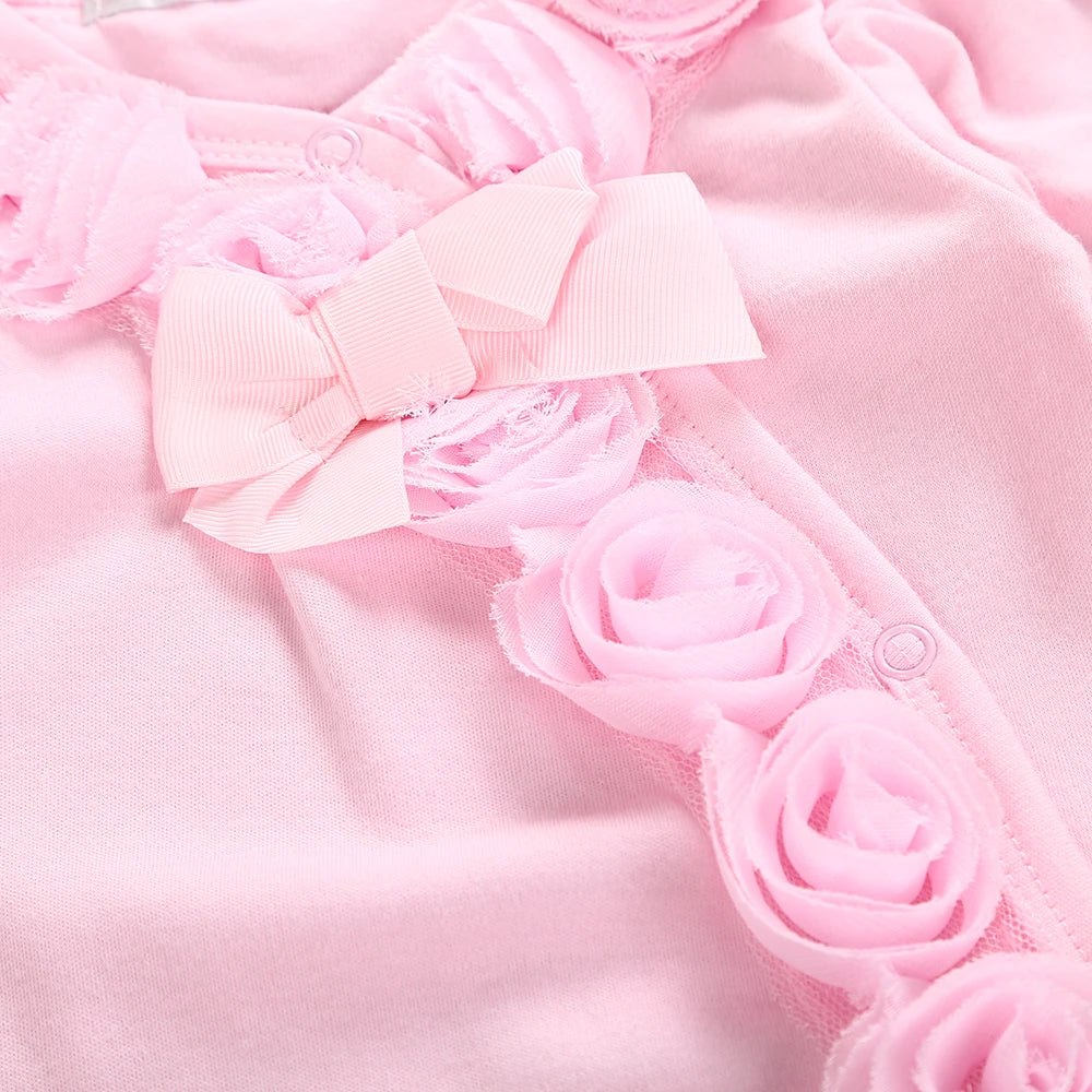 Spring  Newborn Baby Girl Clothes  2pcs Long Sleeve Lace Romper & Headband Set Cotton Flower Footies  Newborn Baby Girl Gift