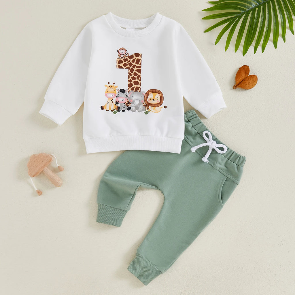 BeQeuewll Kleinkind Baby Kleidung für Kinder Herbst Anzug Erster Geburtstag Outfits Tierdruck Langarm Sweatshirt Hosen Kinder Sets