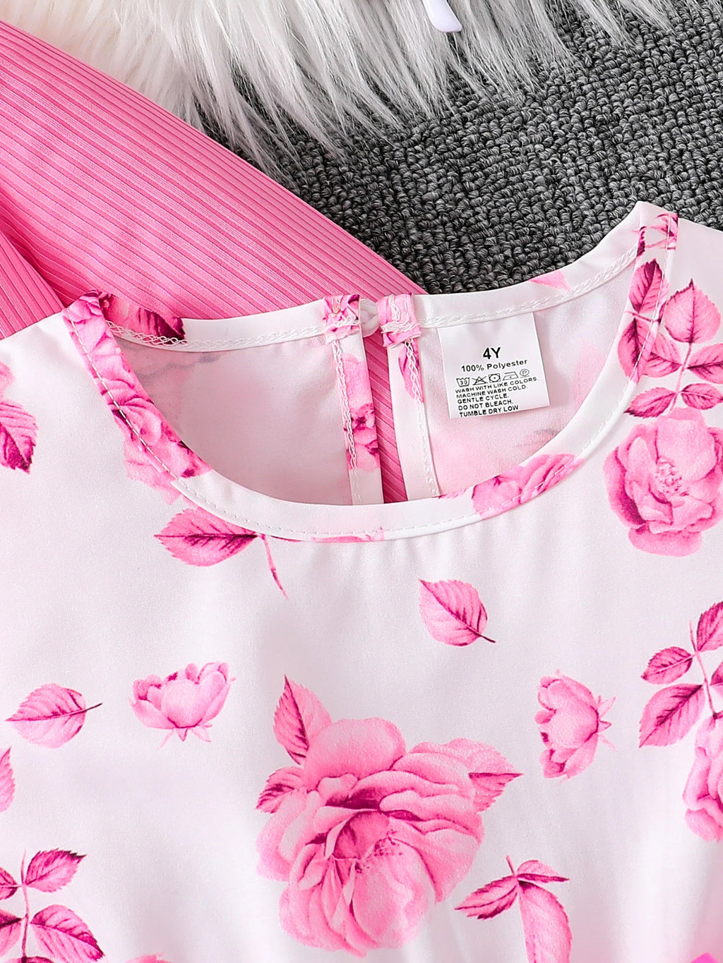 Kinderkleidung Mädchen Herbstmode Freizeit Rosa Blumiges Kleid Set 2-teilig - Rosa Rundhals-Weste + Rosa Blumenrock