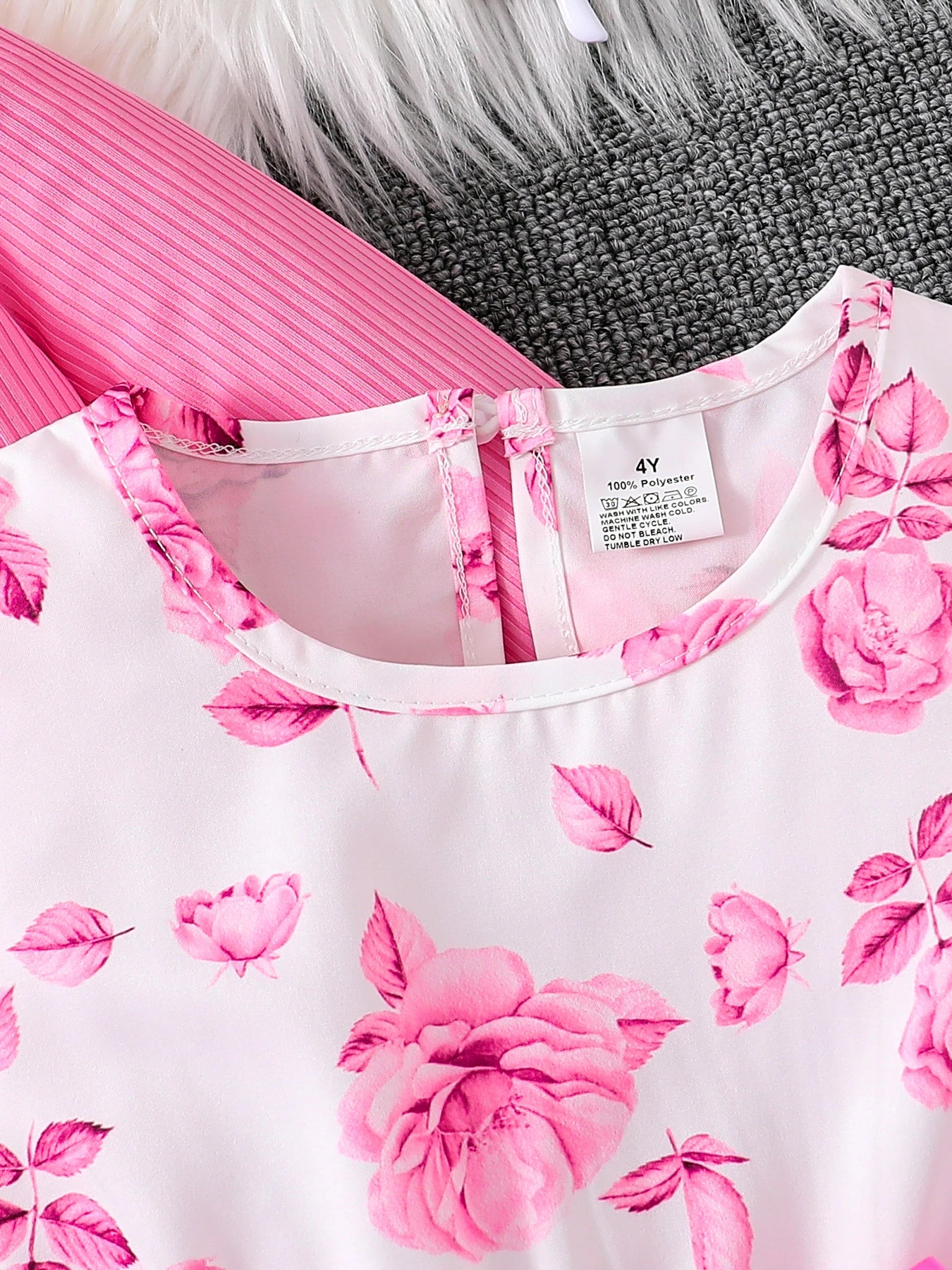 Kinderkleidung Mädchen Herbstmode Freizeit Rosa Blumiges Kleid Set 2-teilig - Rosa Rundhals-Weste + Rosa Blumenrock