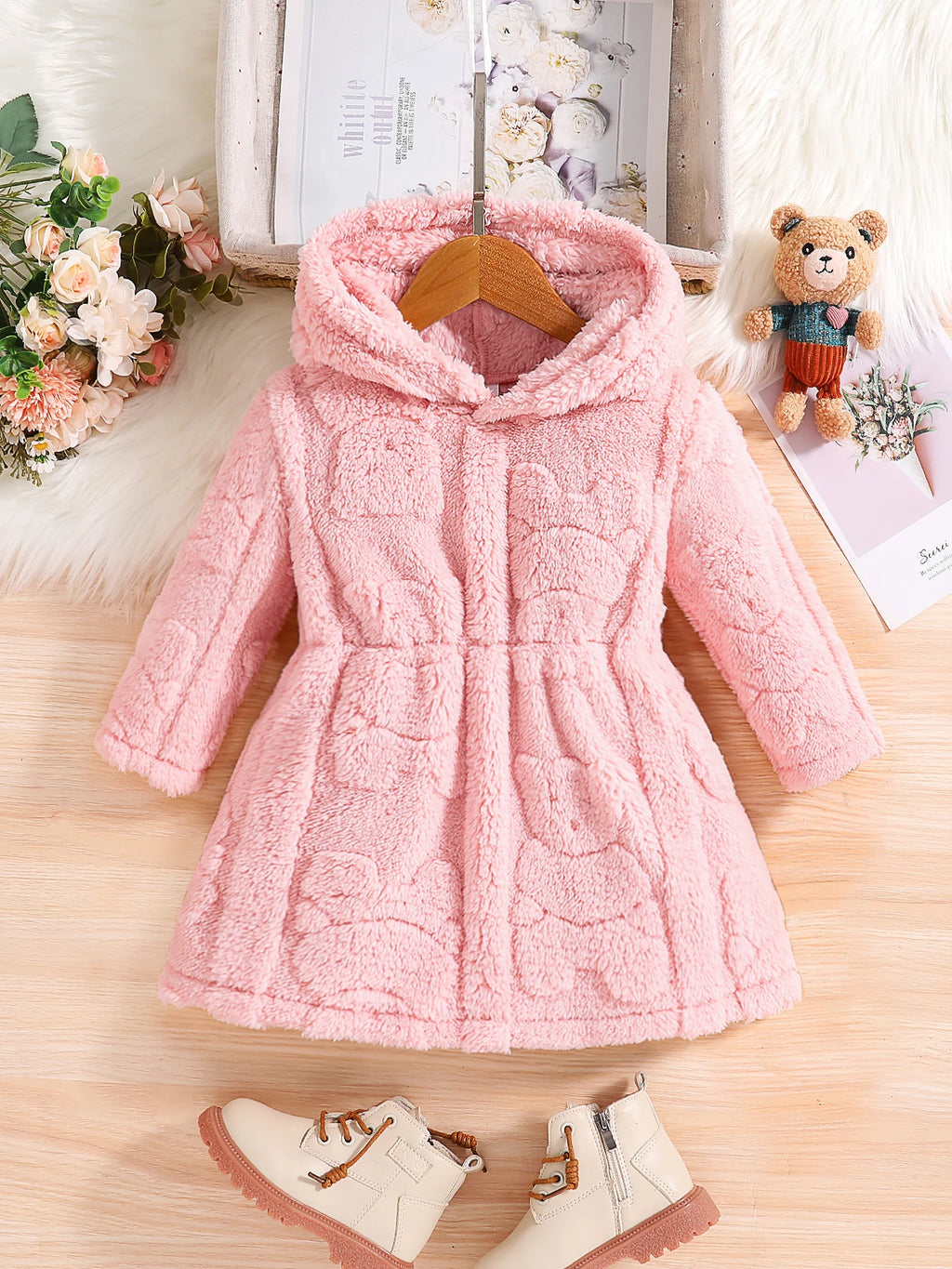 Abrigo de terciopelo rosa con capucha, cálido, casual, para el hogar, moda infantil de primavera y otoño para niñas 4-8Y1