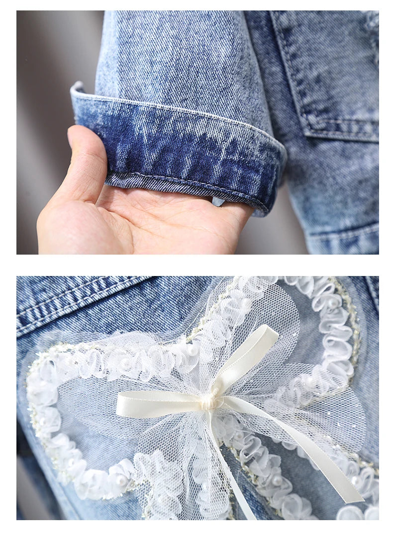 2-9 Years Babi Girls Denim Jacket New Fashion Baby Kids Jean Coats For Girls Cute Lace Bow Design Children Outerwear Clothing