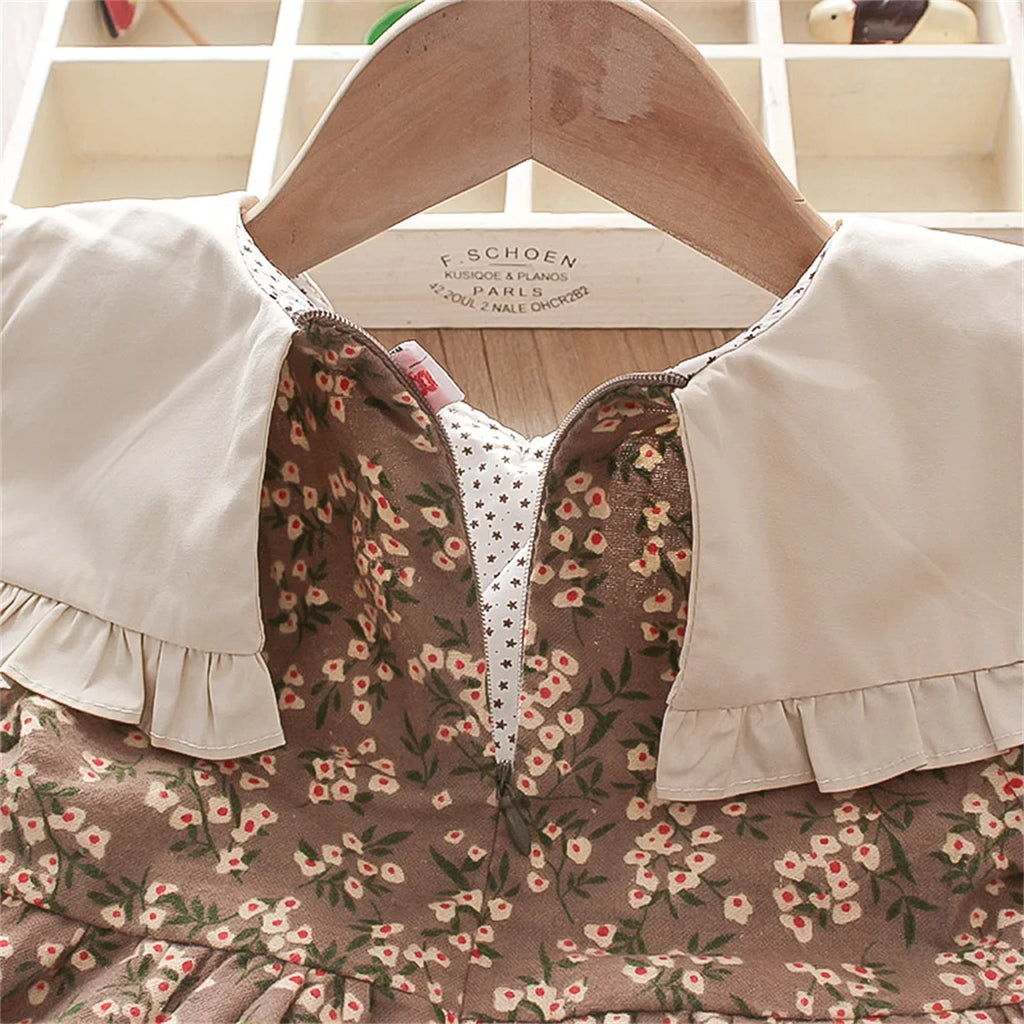 Fall Winter New Girls' Dress Lapel Floral Full Camp Bow Ribbon Lace Pleated Puffy Sleeves Sweet Girls' Dress