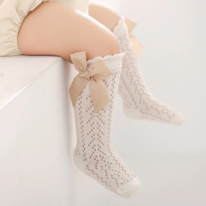 Baby Knee High Socks Kids Girls Boys Bow Long Sock Soft Cotton Mesh Breathable Children Hollow Out Socken for 0-3 Years Old