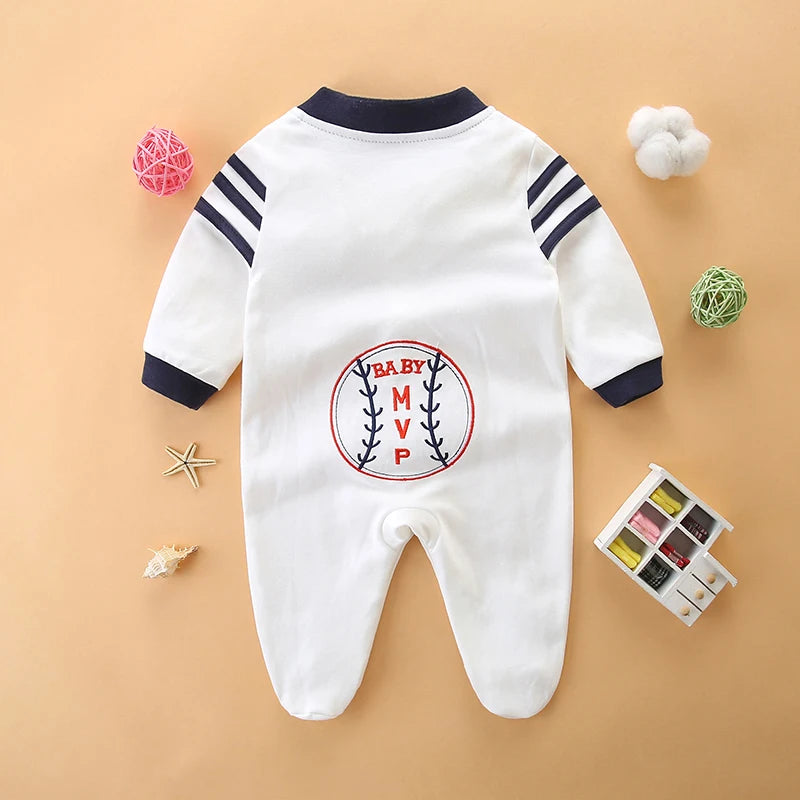 Baby jumpsuit spring & fall pure cotton long-sleeved newborn clothes 0-1 year old baby baseball uniform foot-covering hoodie