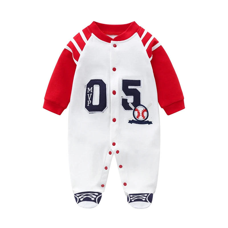 Baby jumpsuit spring & fall pure cotton long-sleeved newborn clothes 0-1 year old baby baseball uniform foot-covering hoodie