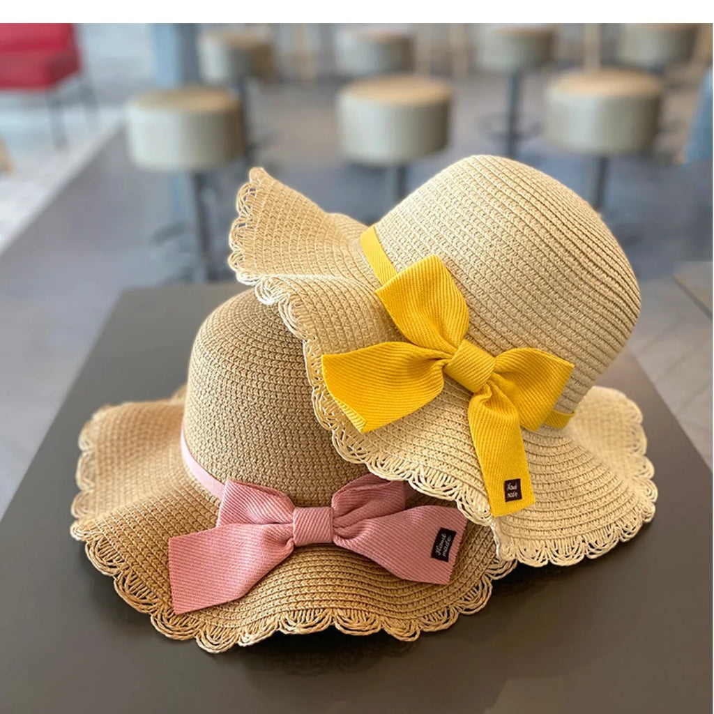 Summer Girls Beach Sun Hats Lotus Leaf Brim Cute Squinting Eyes Bowknot Outdoor Sun Protection Children Straw Cap Kids