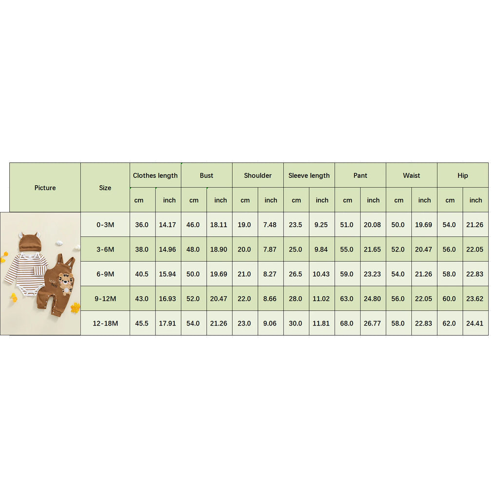 Tregren 0–18 Monate Baby Jungen Bekleidungssets Modischer Langarm gestreifter Strampler mit Tiger bestickter Latzhose und Hut