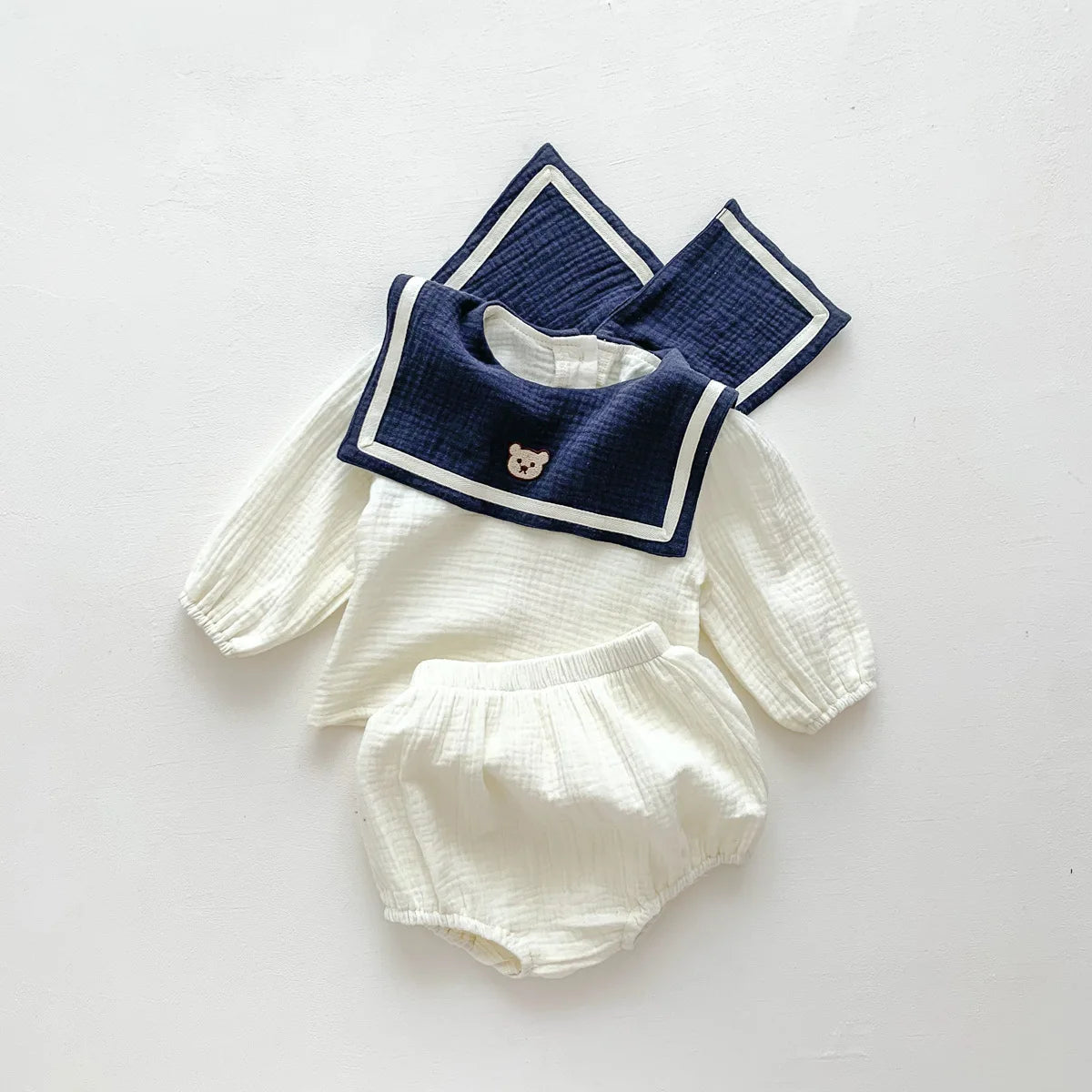 Neu im Herbst Kinder Baby Mädchen Langarm Marineführer Bären Oberteil T-Shirts + einfarbige Shorts Kleinkind Baby Baumwoll-Kleidungsset 2tlg.