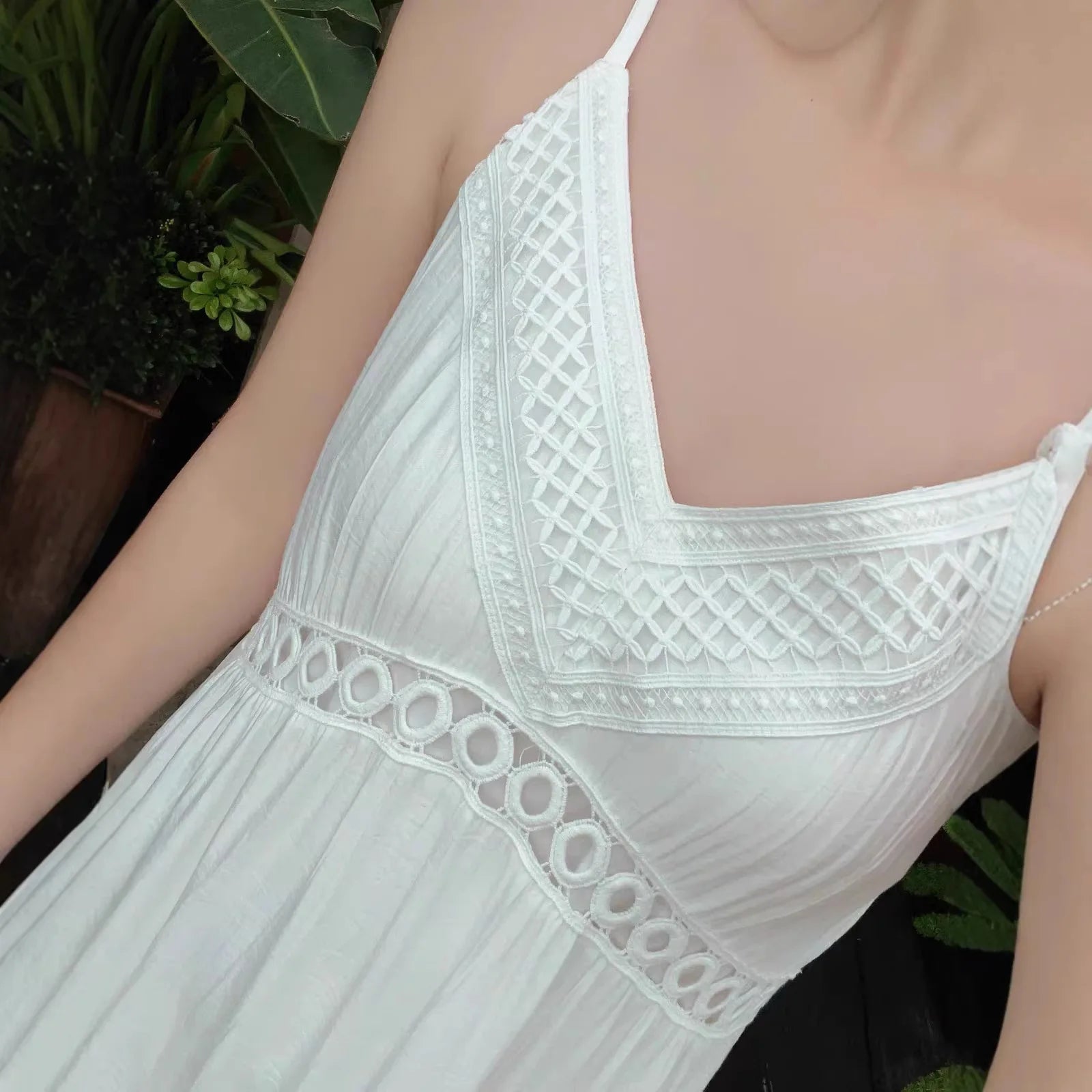 Parent Child Matching Mother and Daughter White Camisole Dresses Summer Hollow-out Embroidery Resort Style Seaside Beach Dresses