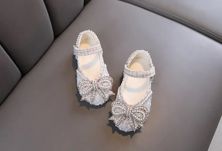 Sandalias para niñas, moda, lentejuelas, diamantes de imitación, lazo, zapatos de princesa para bebé, sandalias planas para niños, tallas 21-36