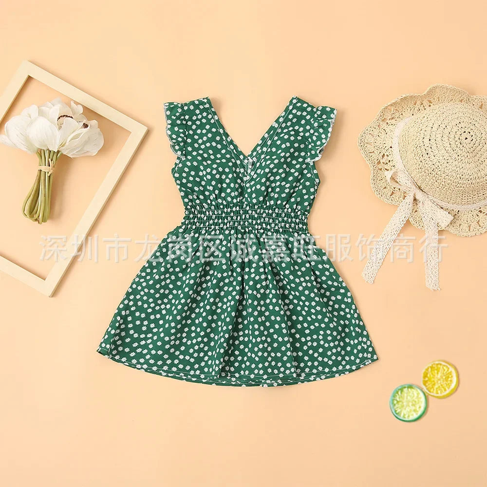 V-Neck Mother Daughter Dresses Family Set Flower Mommy and Me Matching Clothes Fashion Woman Girls Sleeveless Dress Outfits 2025