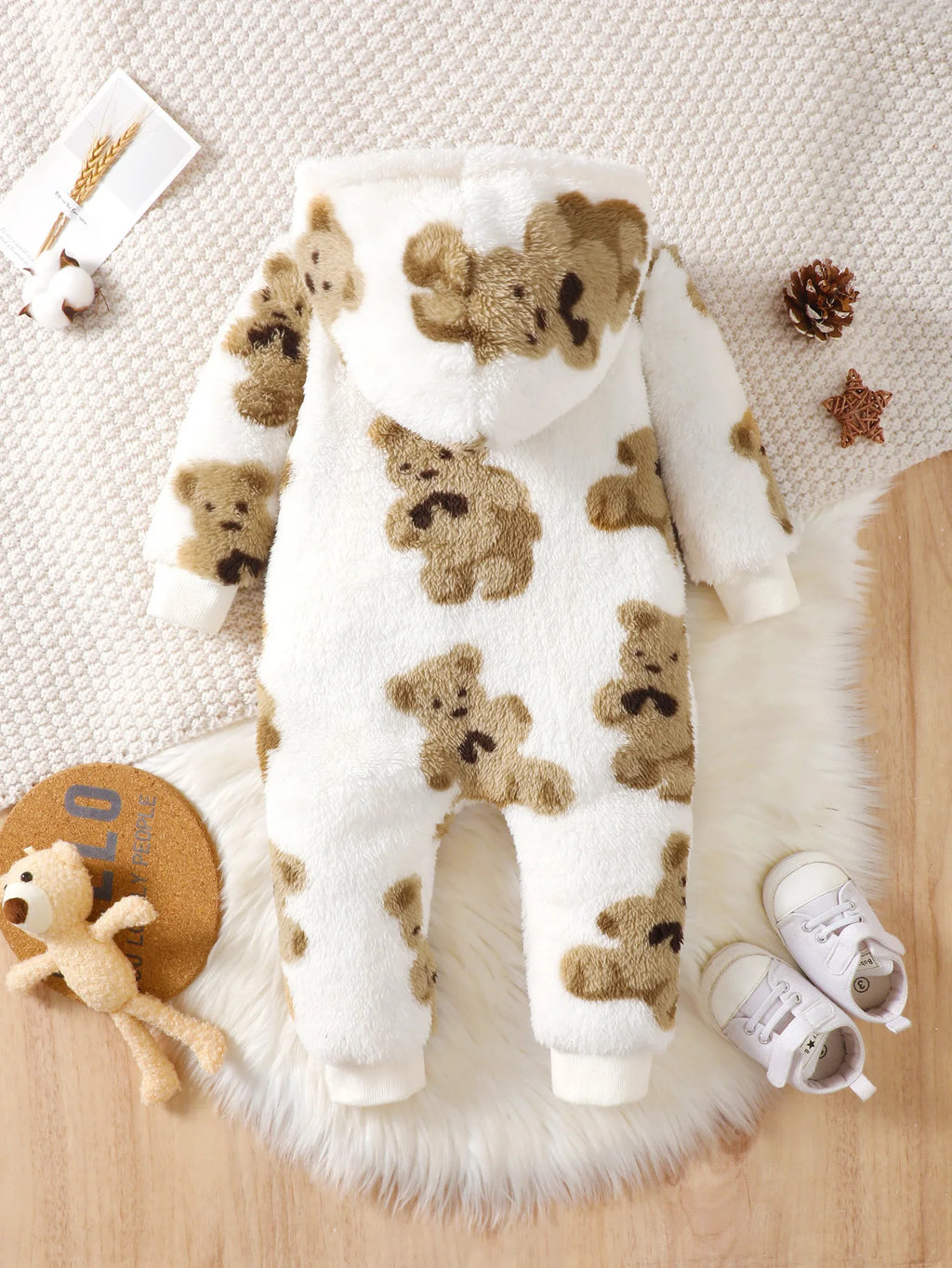 Mono de felpa de invierno para bebé niña, a la moda, casual, bonito estampado de oso de dibujos animados, con cremallera inclinada y capucha, de manga larga