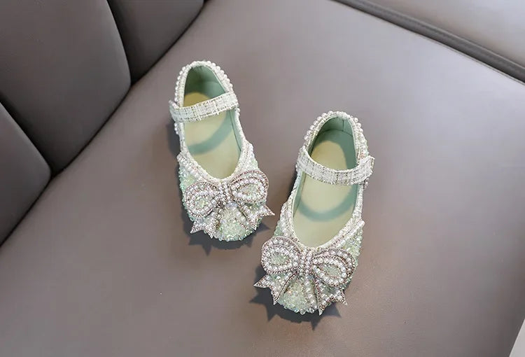 Sandalias para niñas, moda, lentejuelas, diamantes de imitación, lazo, zapatos de princesa para bebé, sandalias planas para niños, tallas 21-36