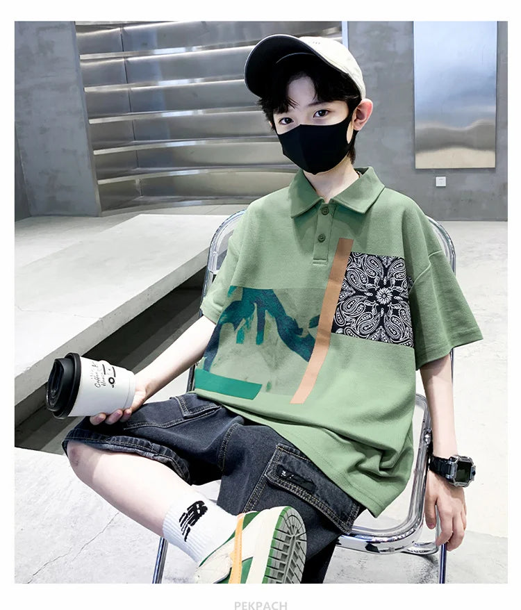 Jungen Kleidung Sommer Set Kind Mode Kurzarm Poloshirt & Jeansshorts 2-teiliger Anzug Teens Kinder Oberteil und Unterteil Kleider Set