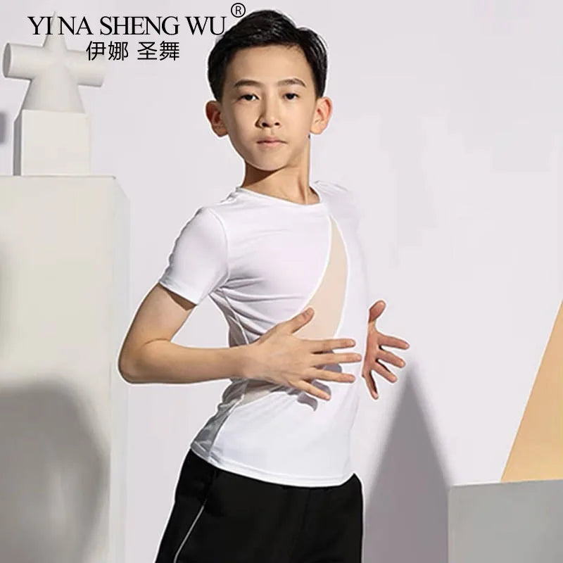 Boys Latin Dance Costume Short Sleeve Top Kids Latin Dancing Shirts Competition Performance Wear Samba Salsa Practice Clothing