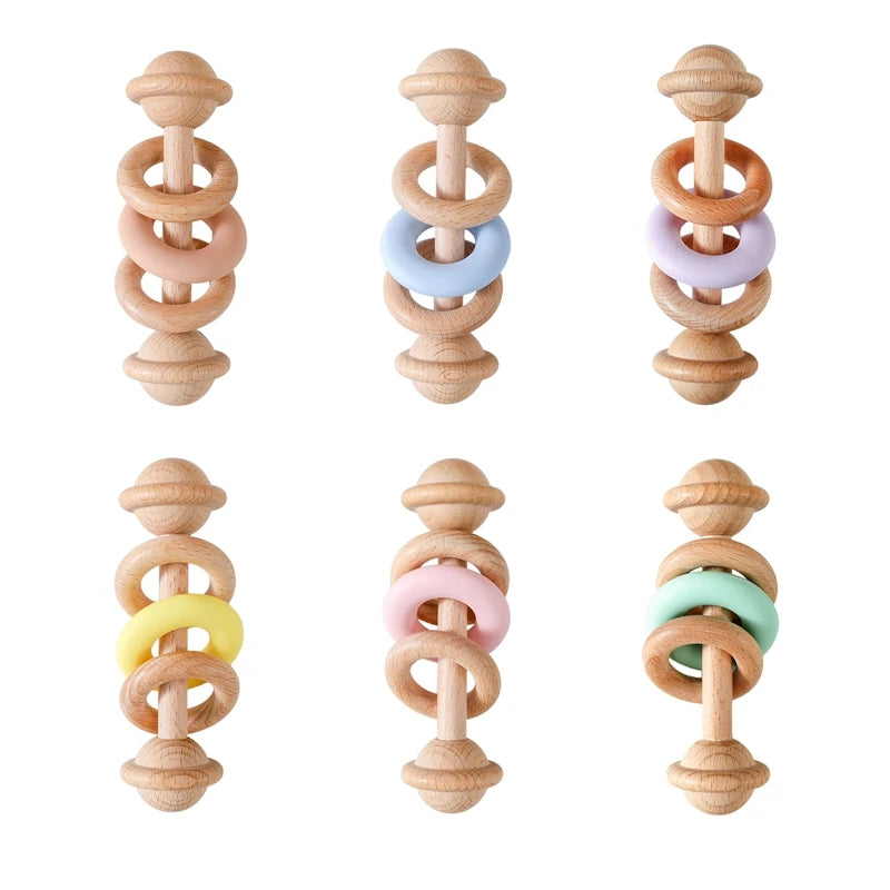 BPA-free Baby Toys Wooden Rattles Silicone Ring Rattles and Mobiles Babies 0–12 Months Sensory Toys Wooden Teether Baby Gifts