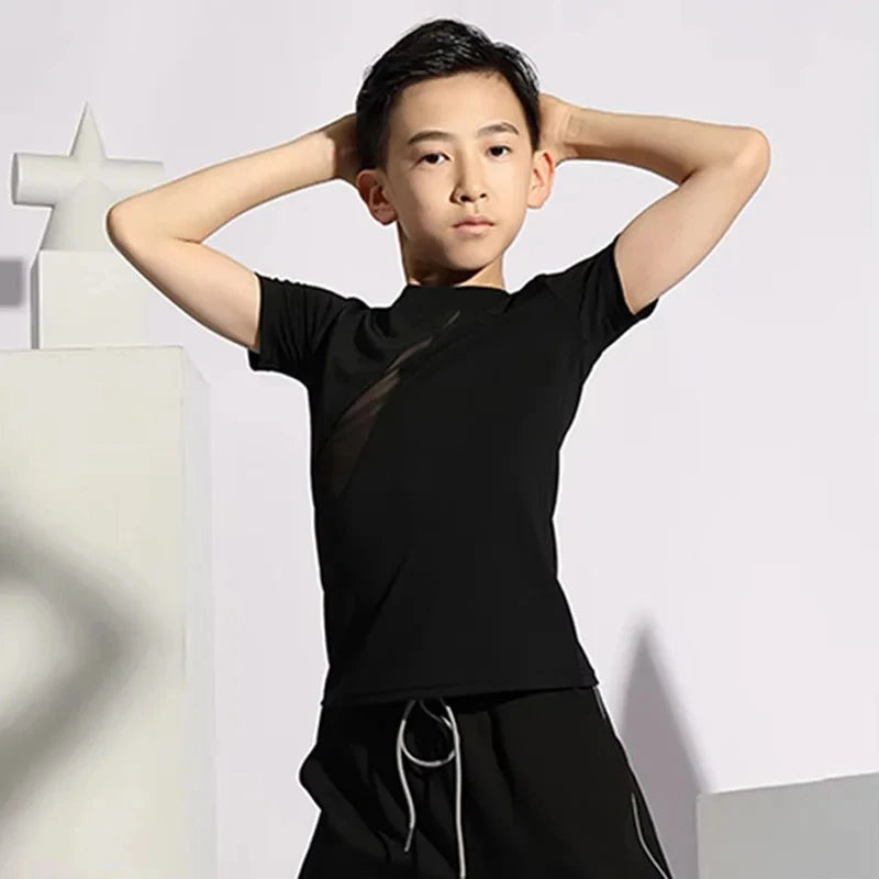 Boys Latin Dance Costume Short Sleeve Top Kids Latin Dancing Shirts Competition Performance Wear Samba Salsa Practice Clothing